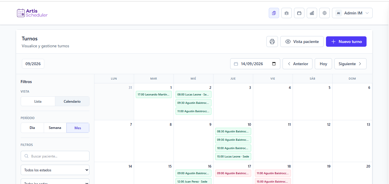 Agenda de turnos médicos de Artis Scheduler